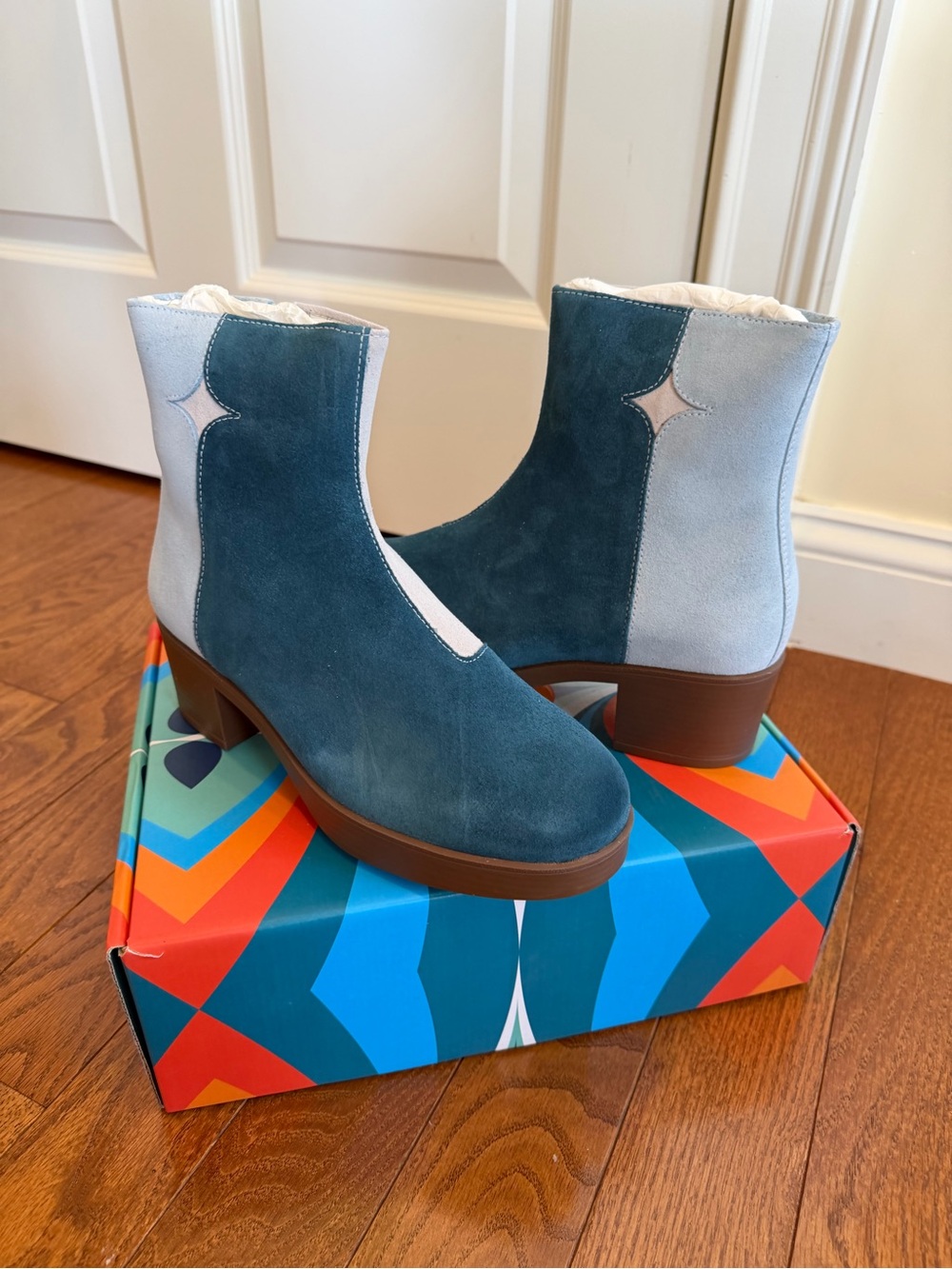 Lazo Suede Colorblock Ankle Boots in Shades of Blue